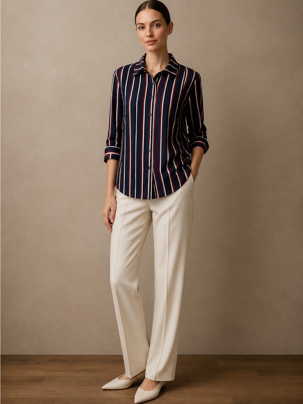 Ovi Navy Striped Button-Down Shirt with Red and Cream Vertical Stripes.